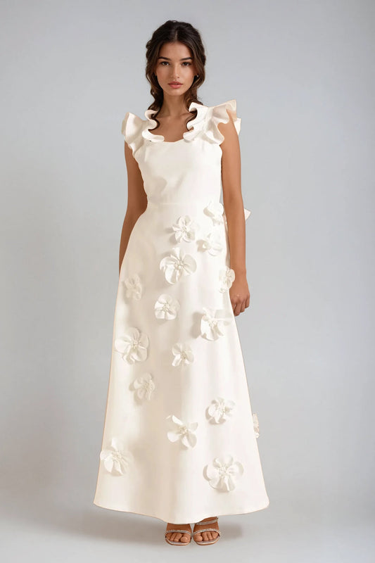 Maxi Dress with Ruffled Shoulder Straps and 3D Floral Details - White
