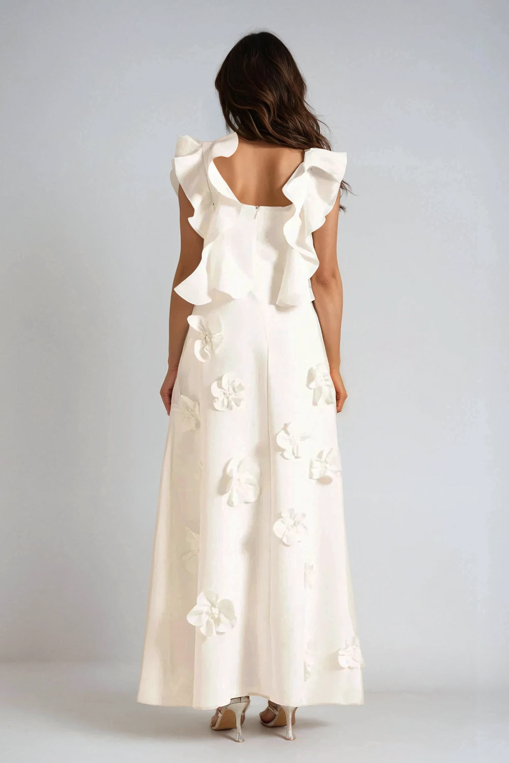 Maxi Dress with Ruffled Shoulder Straps and 3D Floral Details - White