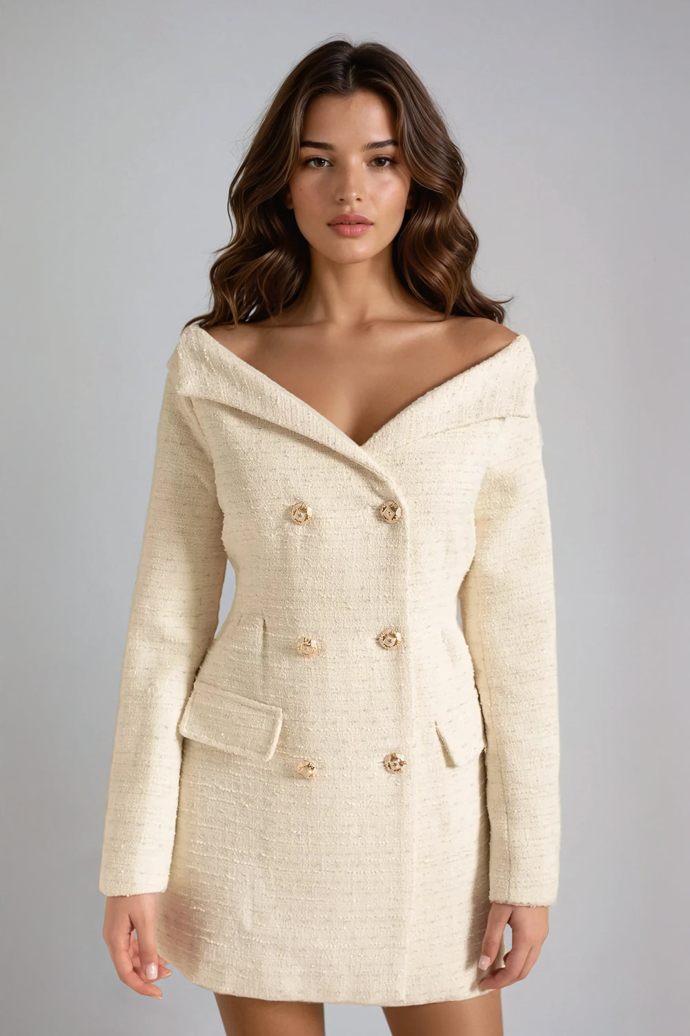 Off-Shoulder Double-Breasted Mini Dress - White