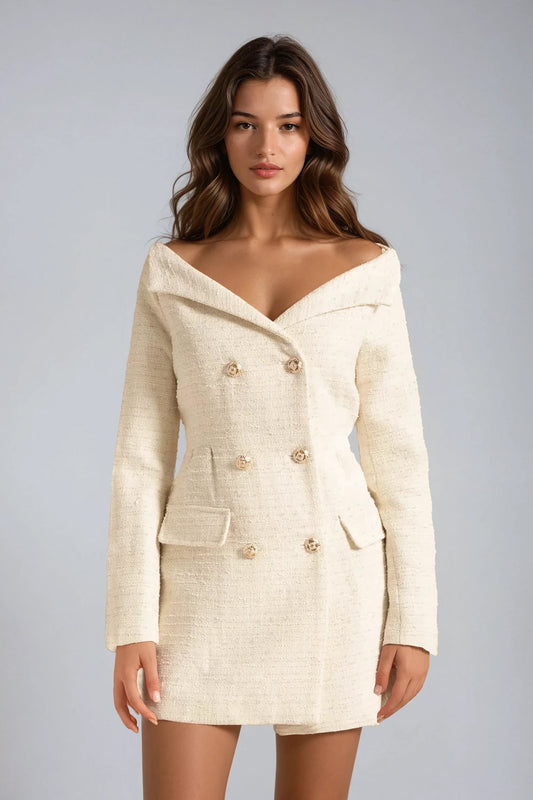 Off-Shoulder Double-Breasted Mini Dress - White