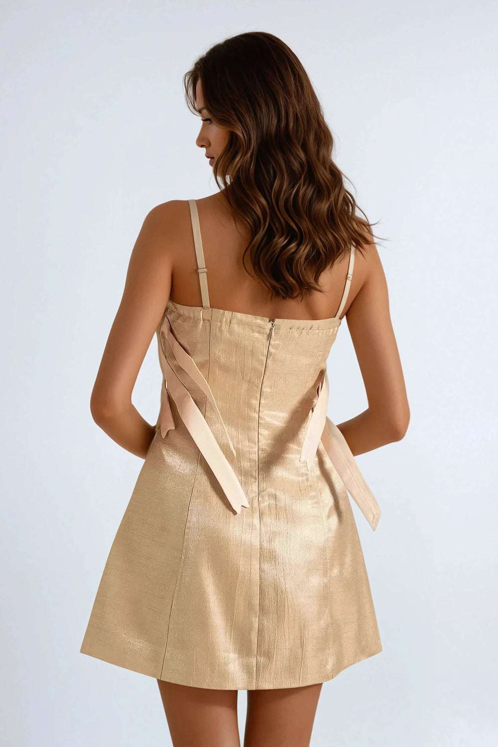 Spaghetti Strap Mini Dress with Bow Detail - Beige