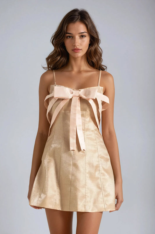 Spaghetti Strap Mini Dress with Bow Detail - Beige
