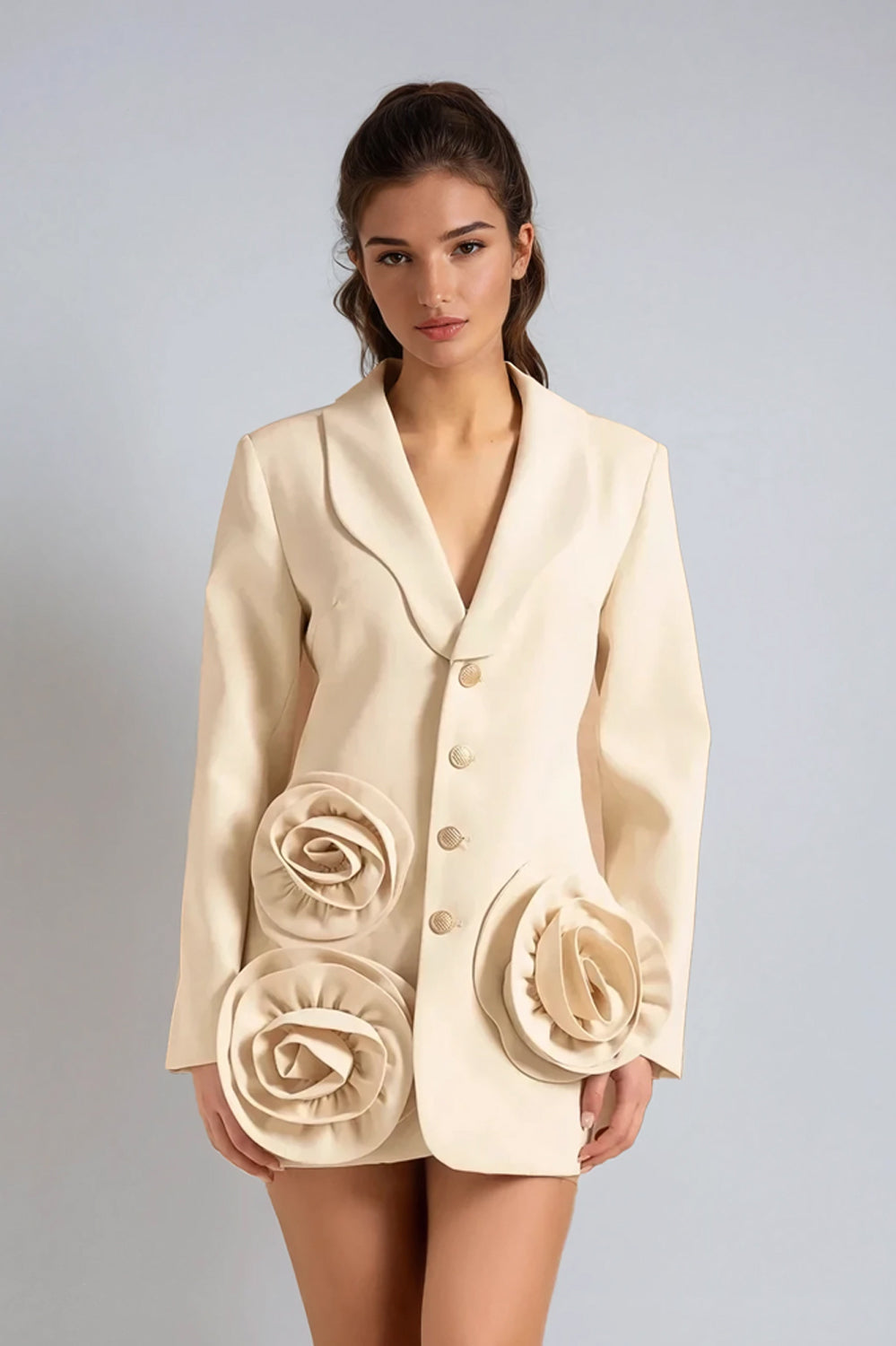 Blazer-Style Mini Dress with 3D Floral Details - White