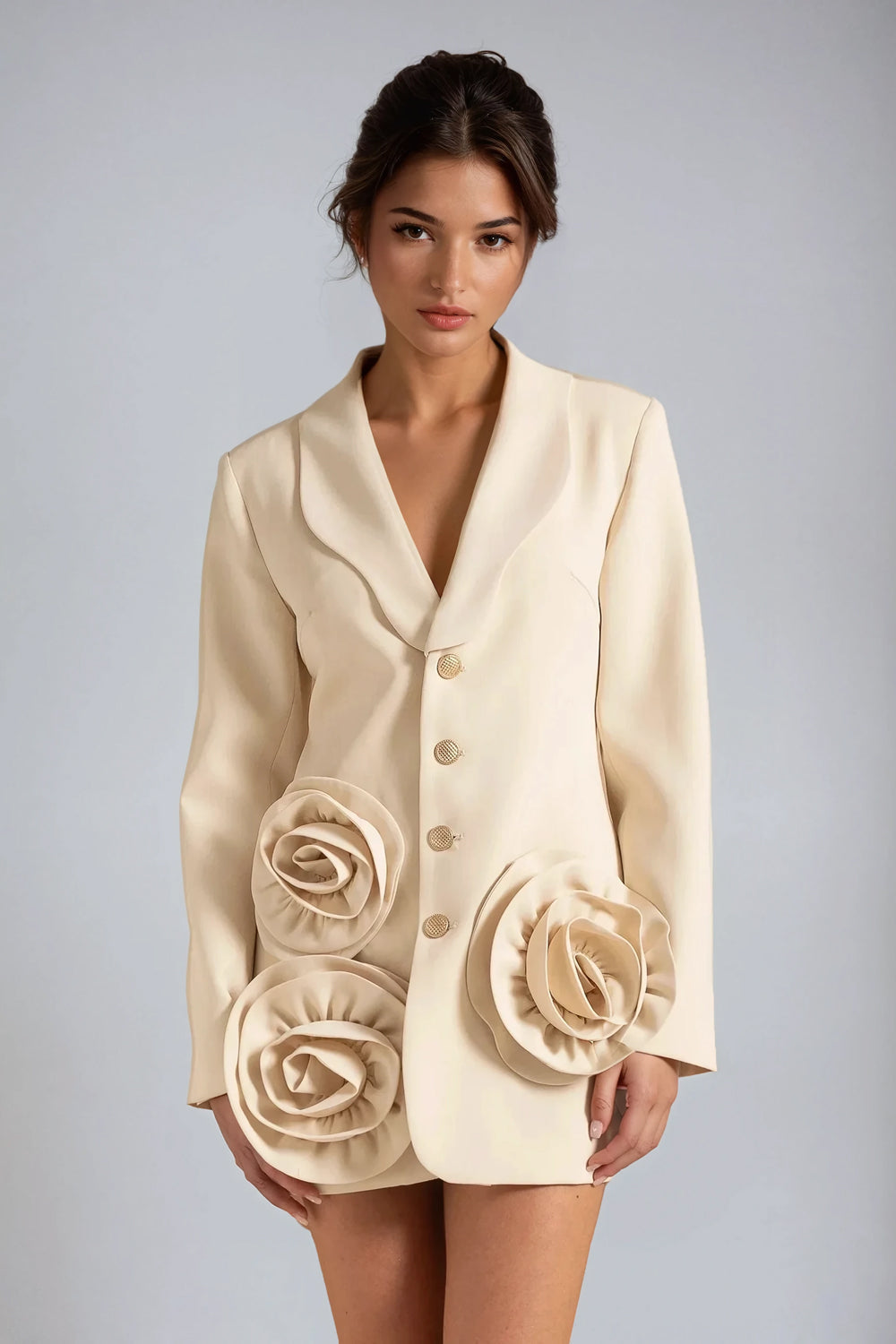 Blazer-Style Mini Dress with 3D Floral Details - White