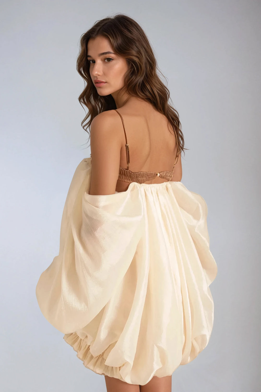 Mini Dress with Spaghetti Straps and Voluminous Bubble Skirt - White