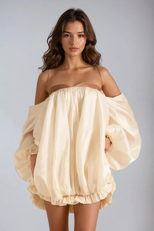 Mini Dress with Spaghetti Straps and Voluminous Bubble Skirt - White