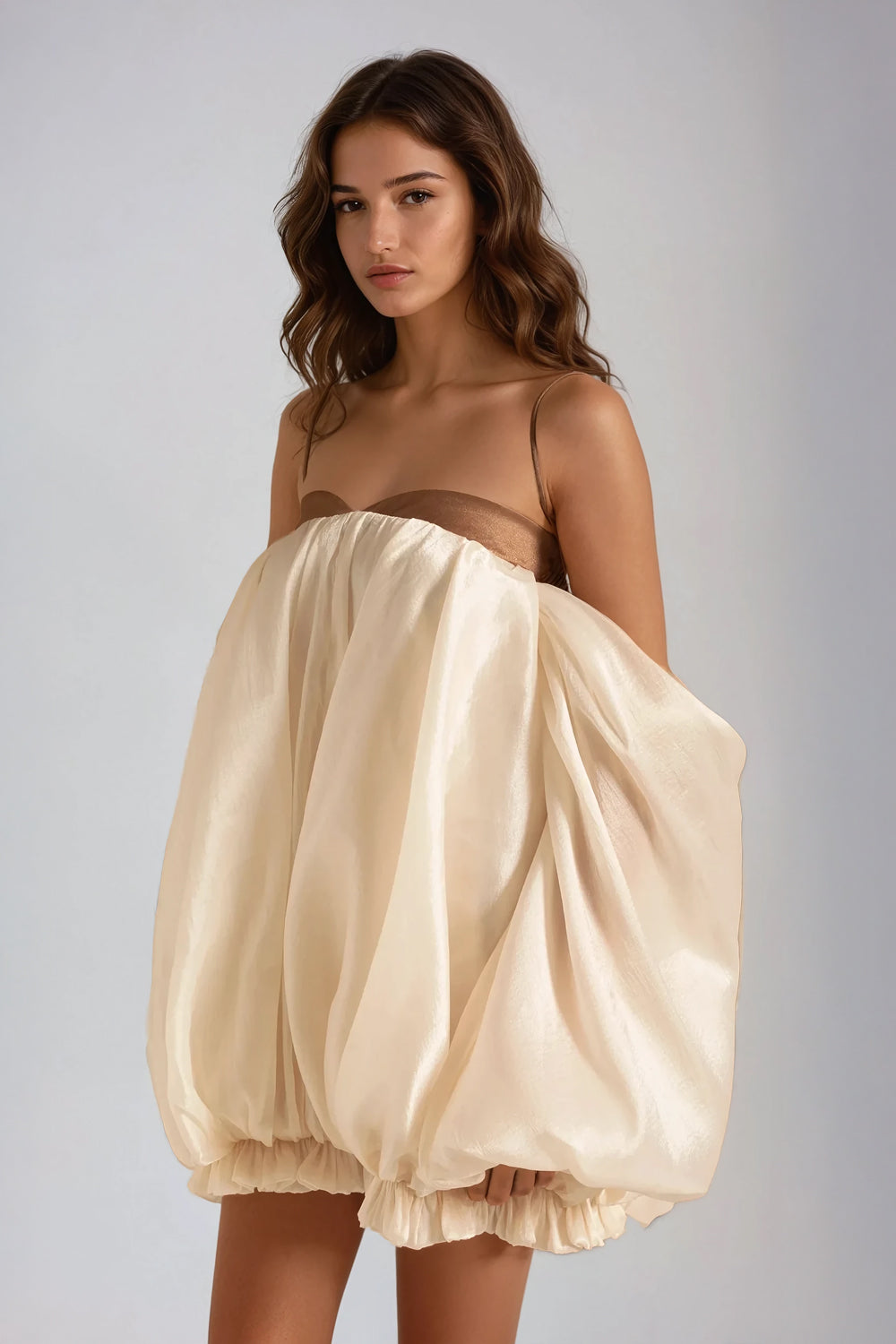 Mini Dress with Spaghetti Straps and Voluminous Bubble Skirt - White