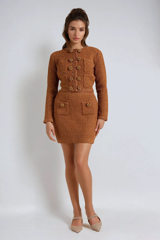 Two-Piece Set with Knitted Cropped Jacket and Mini Skirt - Orange