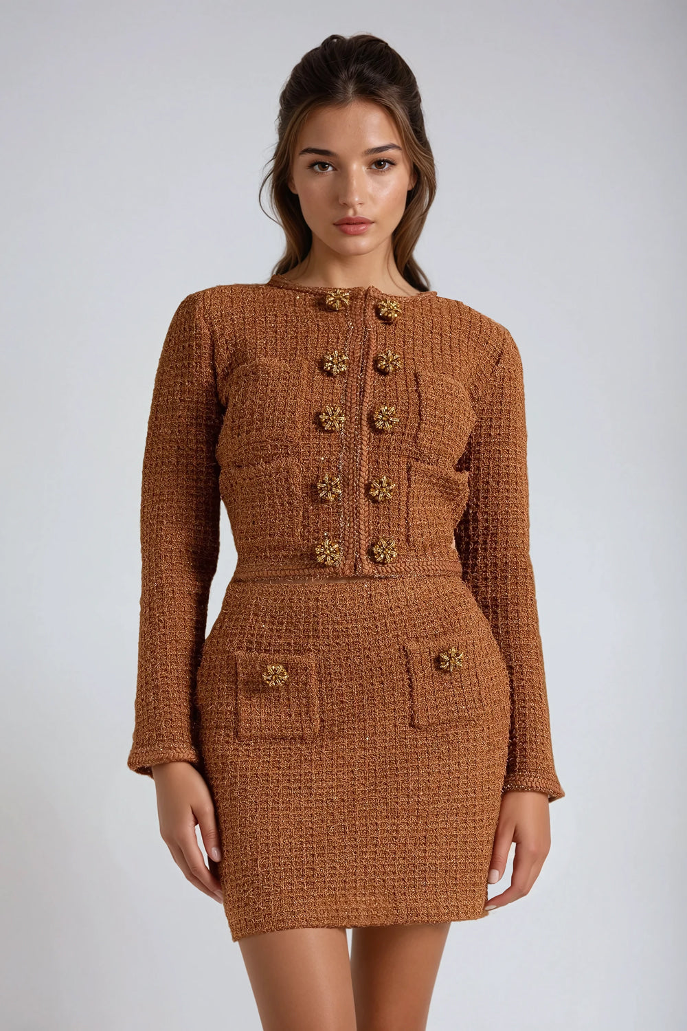 Two-Piece Set with Knitted Cropped Jacket and Mini Skirt - Orange