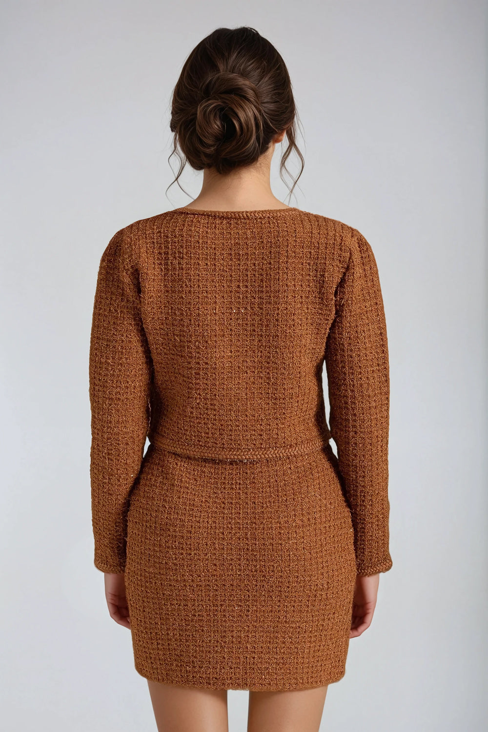 Two-Piece Set with Knitted Cropped Jacket and Mini Skirt - Orange