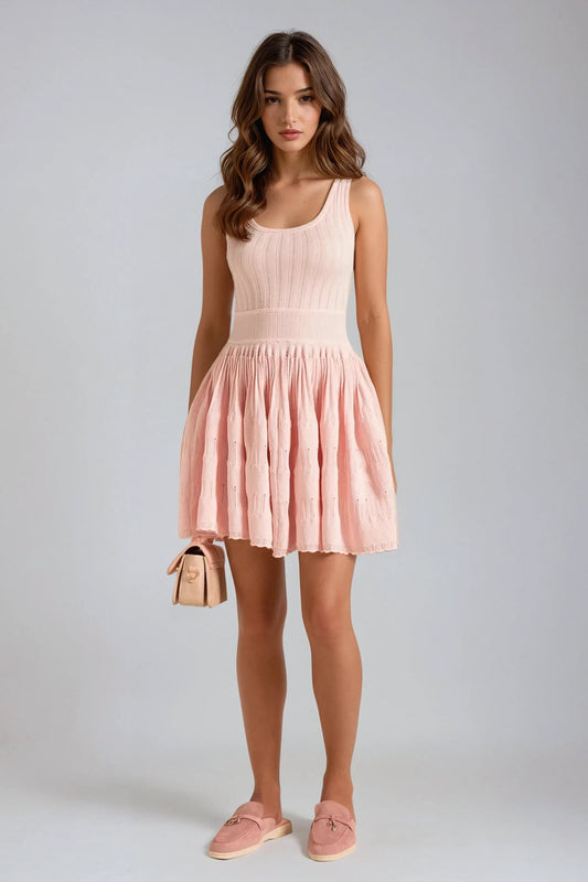 Ribbed Knit Mini Dress with Flared Skirt - Pink