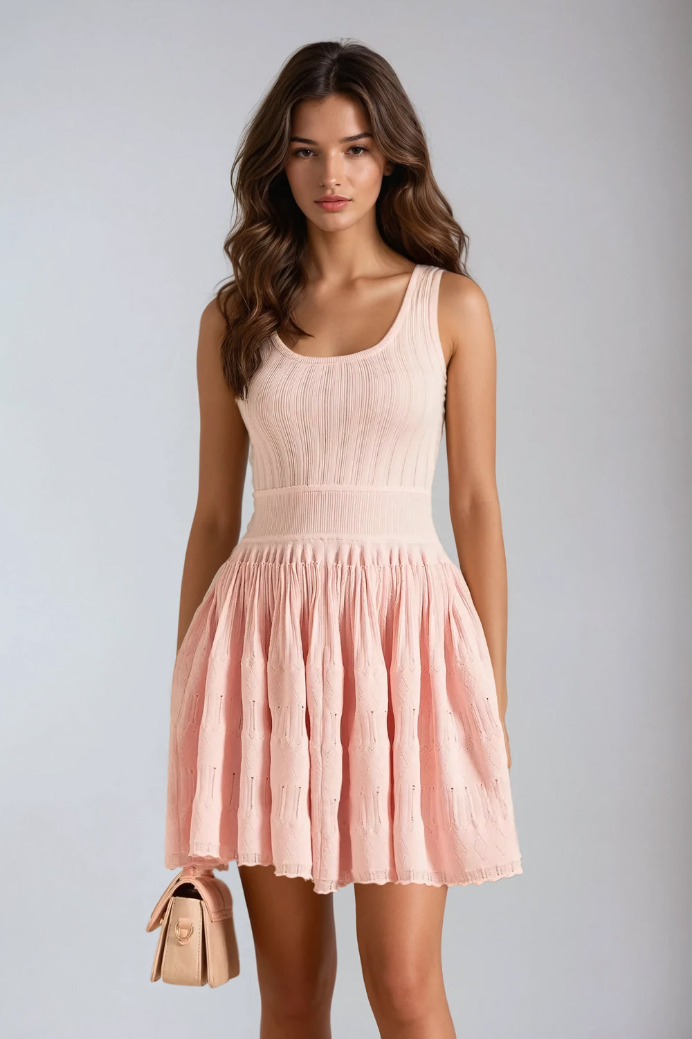 Ribbed Knit Mini Dress with Flared Skirt - Pink
