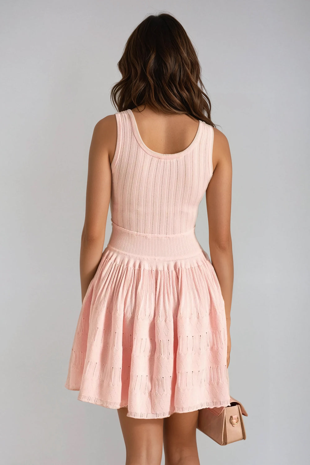 Ribbed Knit Mini Dress with Flared Skirt - Pink