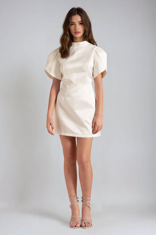 Mini Dress with Structured Sleeves and Open-Back Bow Detail - White