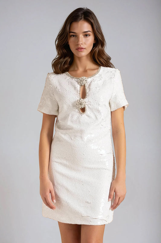 Mini Dress with Keyhole Cut-Out and Embellished Neckline - White
