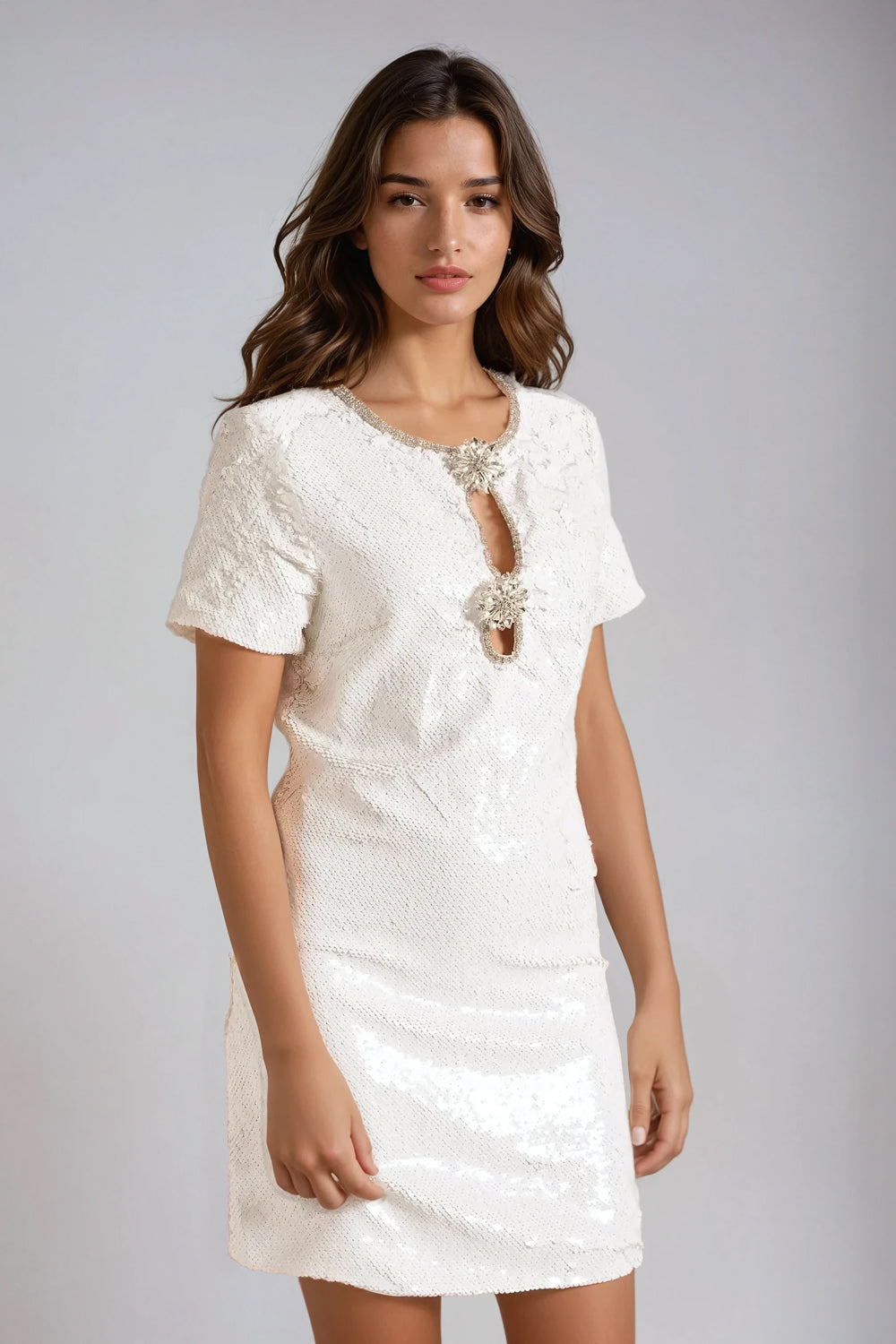 Mini Dress with Keyhole Cut-Out and Embellished Neckline - White