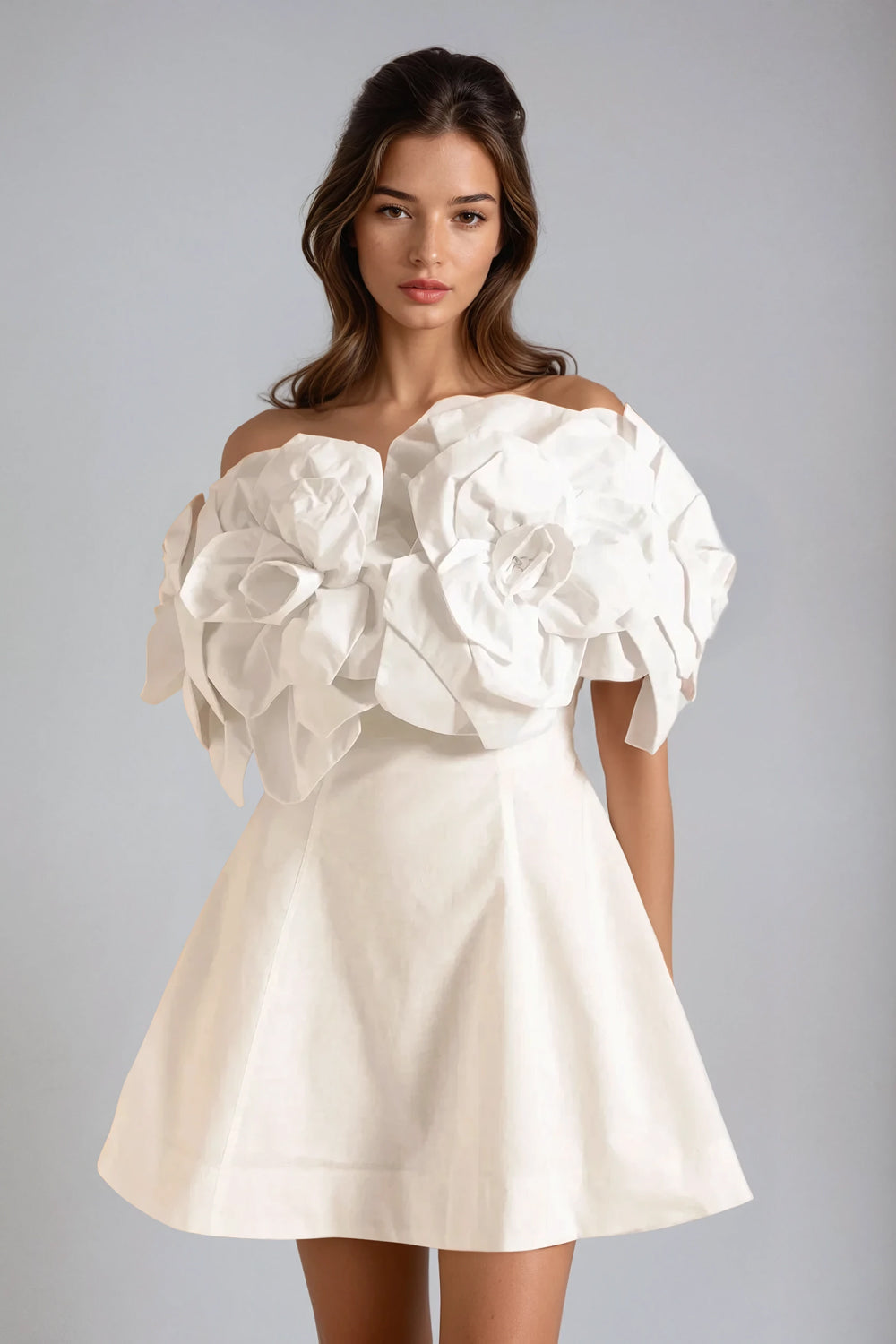 Off-Shoulder Mini Dress with Oversized Floral Details - White