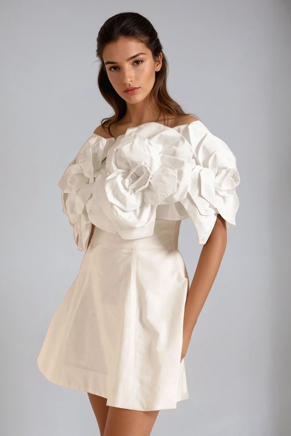 Off-Shoulder Mini Dress with Oversized Floral Details - White