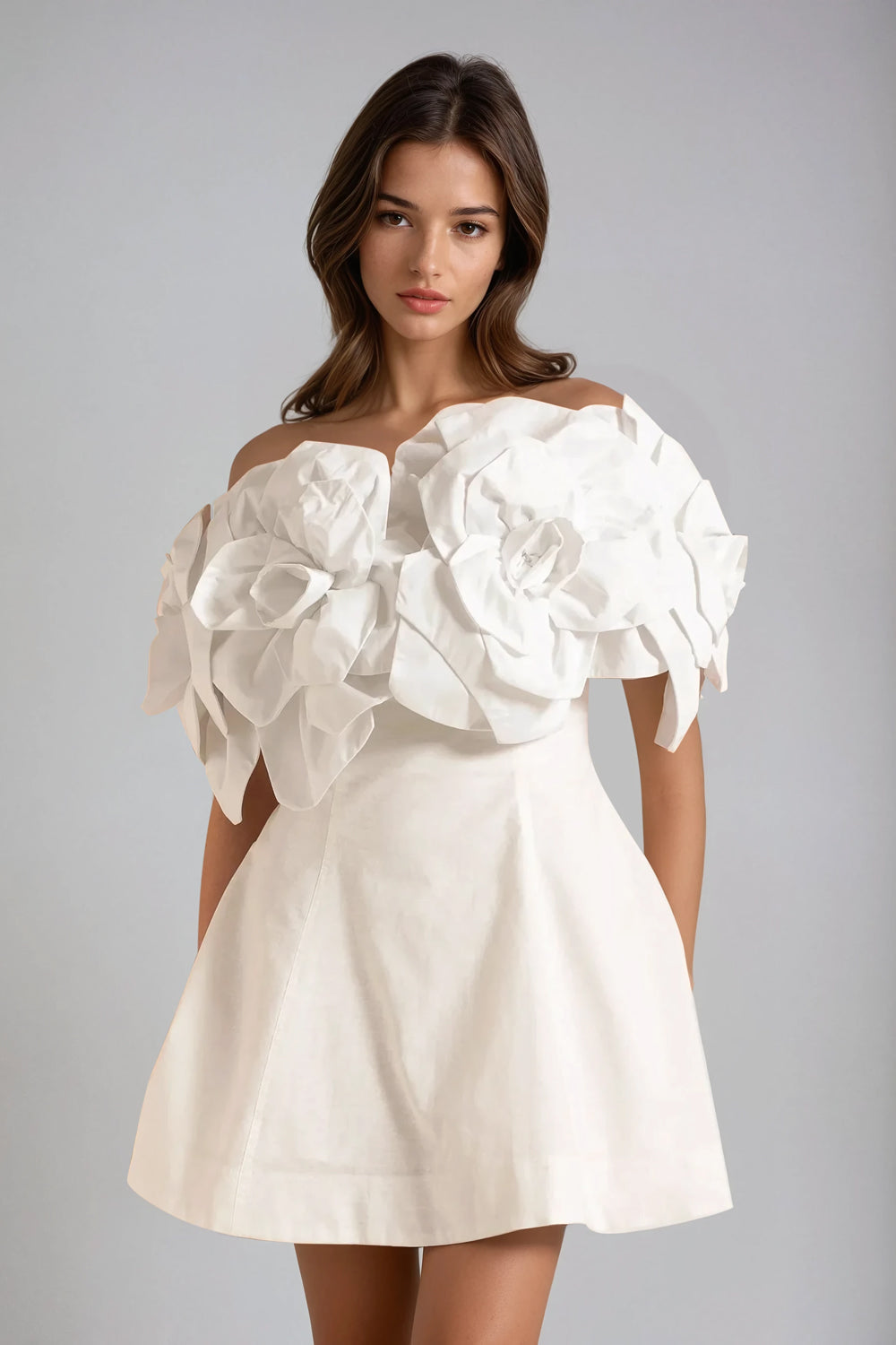 Off-Shoulder Mini Dress with Oversized Floral Details - White