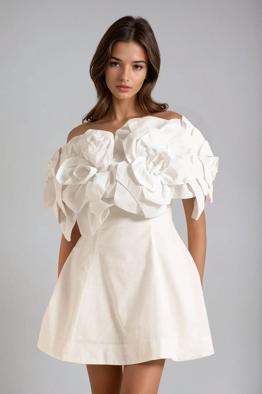 Off-Shoulder Mini Dress with Oversized Floral Details - White