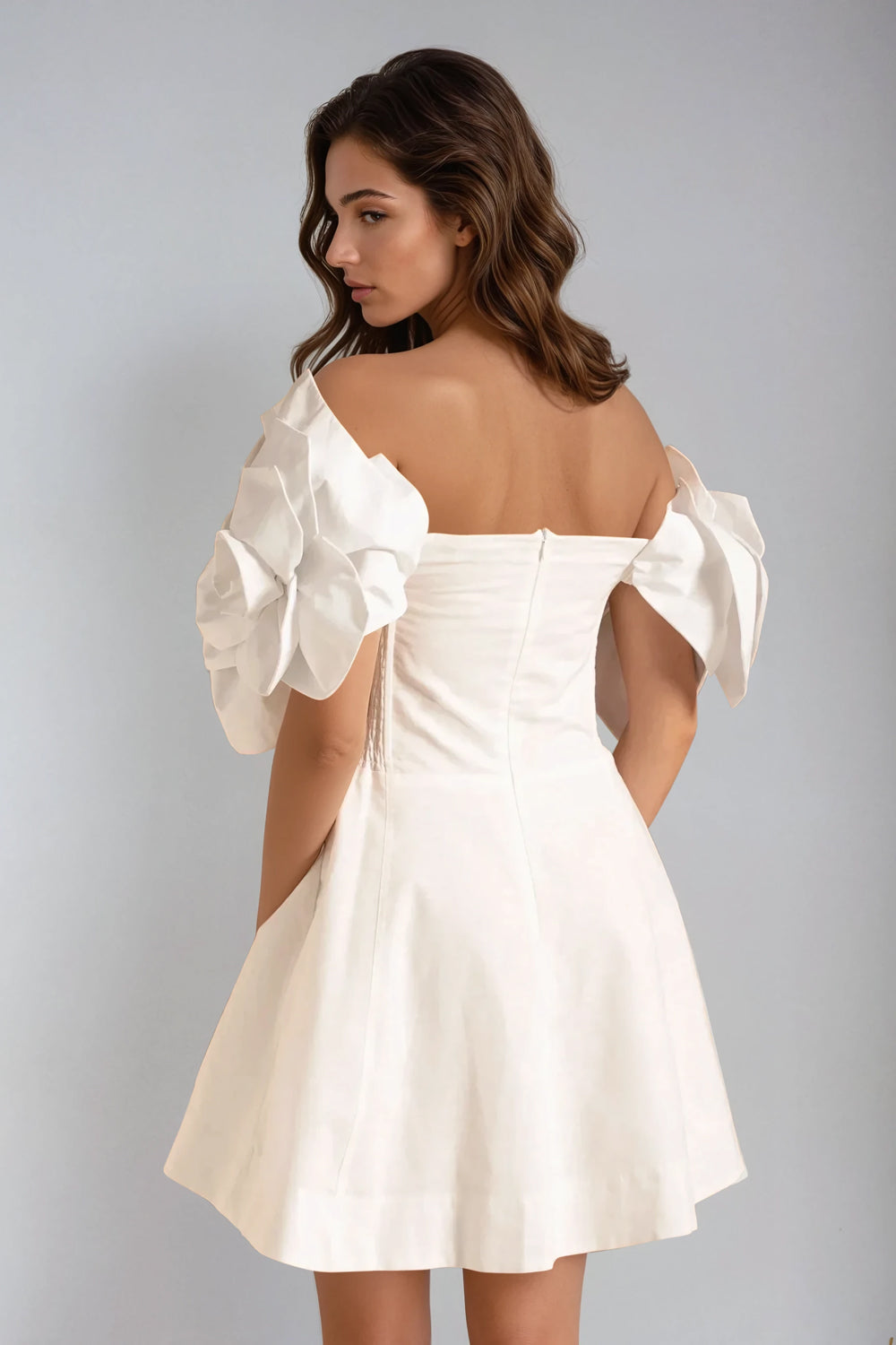 Off-Shoulder Mini Dress with Oversized Floral Details - White