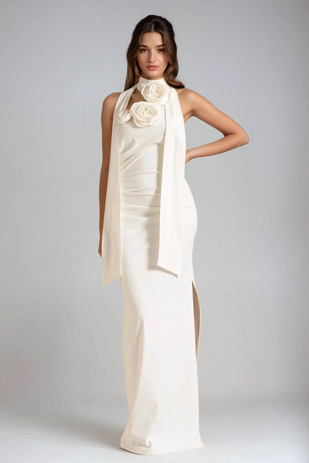 Strapless Mini Dress with Oversized 3D Floral Accents - White
