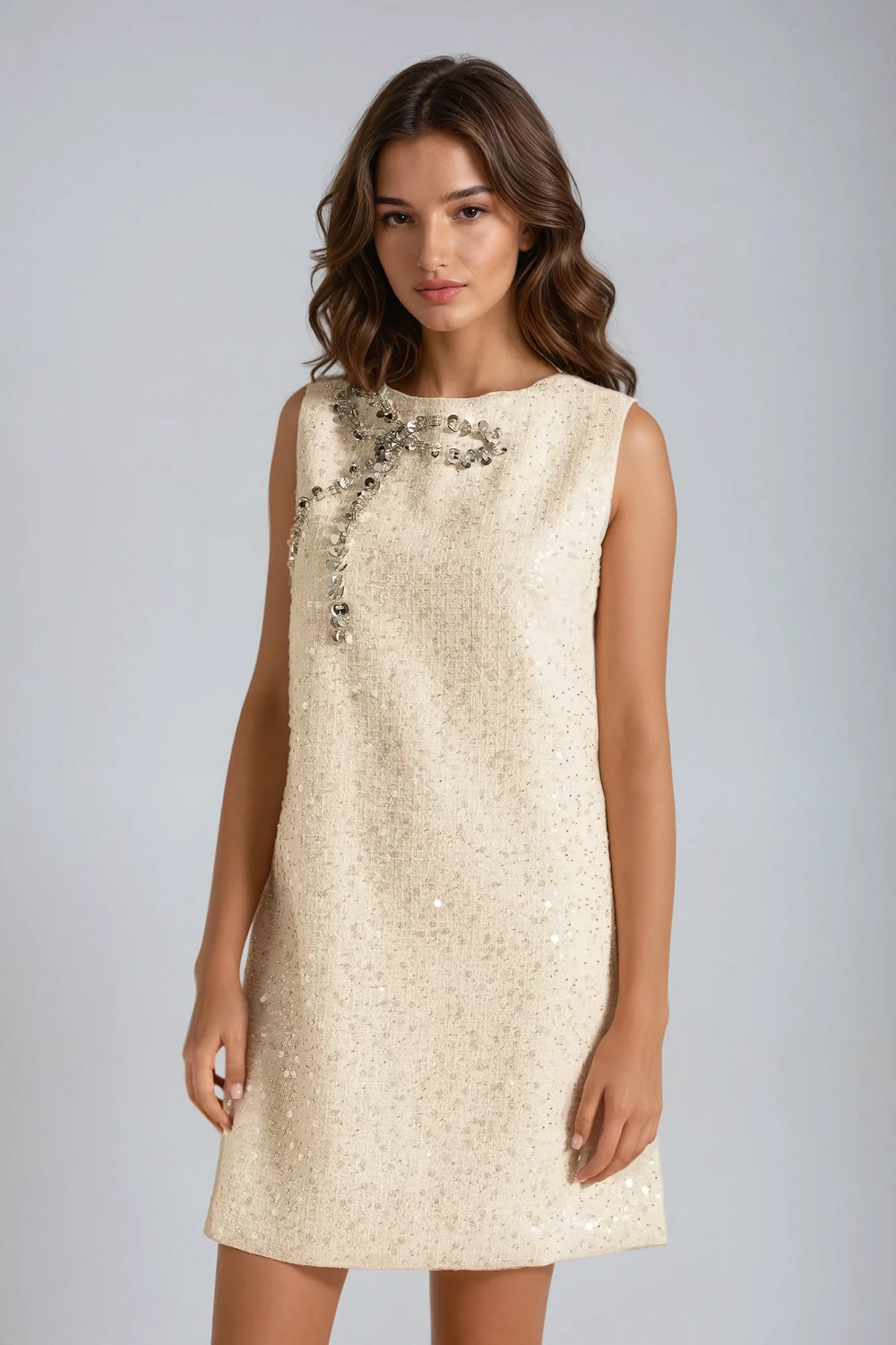 Ribbon Embellished Sleeveless Mini Dress - Beige