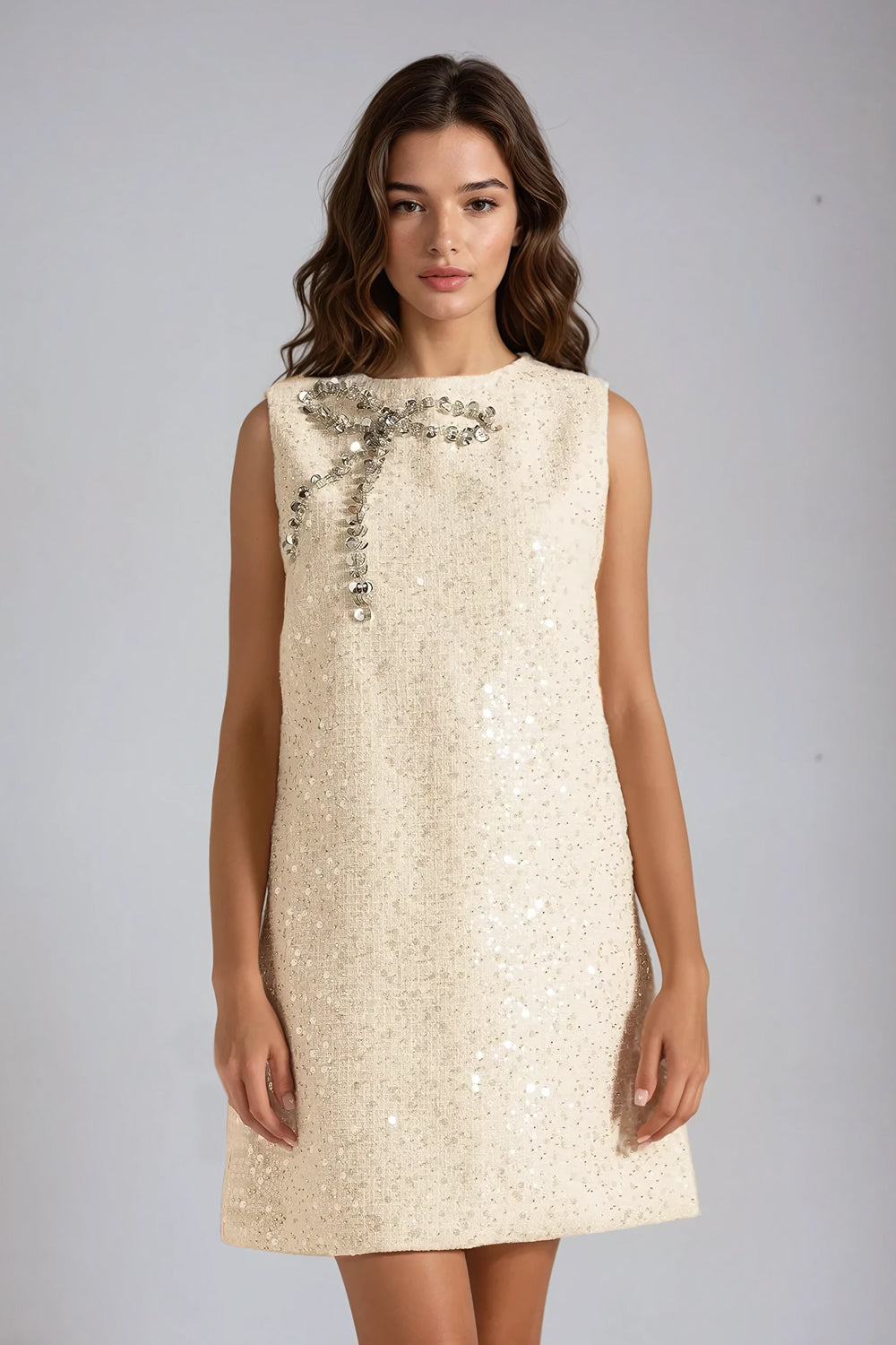Ribbon Embellished Sleeveless Mini Dress - Beige
