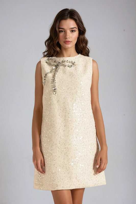 Ribbon Embellished Sleeveless Mini Dress - Beige