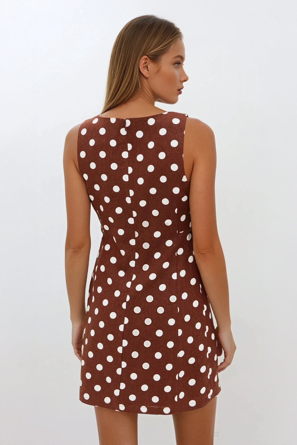 Polka Dot Sleeveless Mini Dress with Round Neckline - Brown