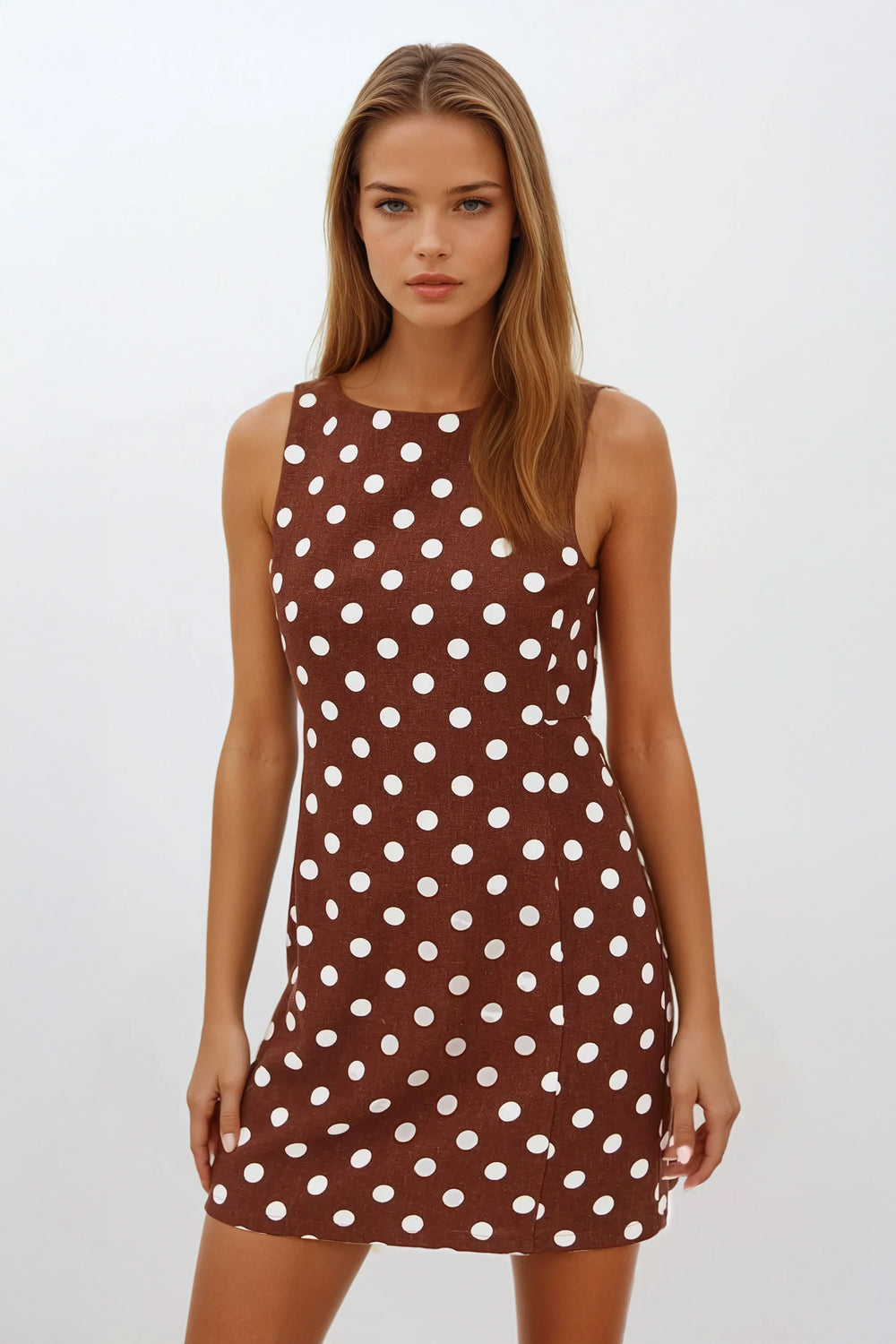 Polka Dot Sleeveless Mini Dress with Round Neckline - Brown