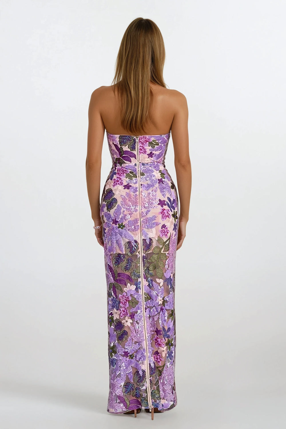 Strapless Maxi Dress with Floral Detailing - Purple