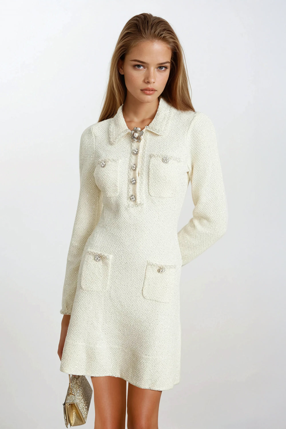 Collared Longsleeve Pearl Mini Dress - White