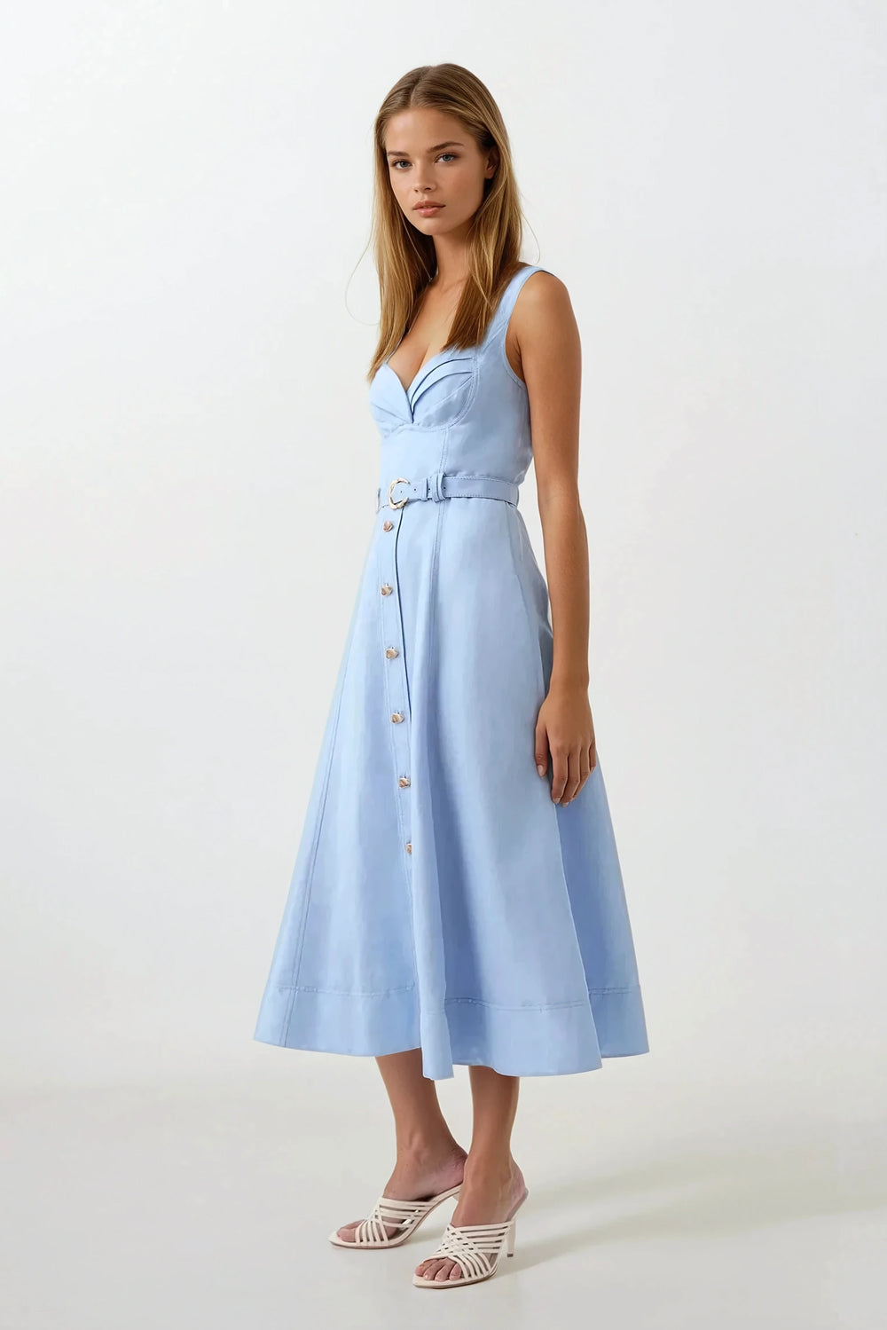 Midi Dress with Button Front and Belted Waist - Blue