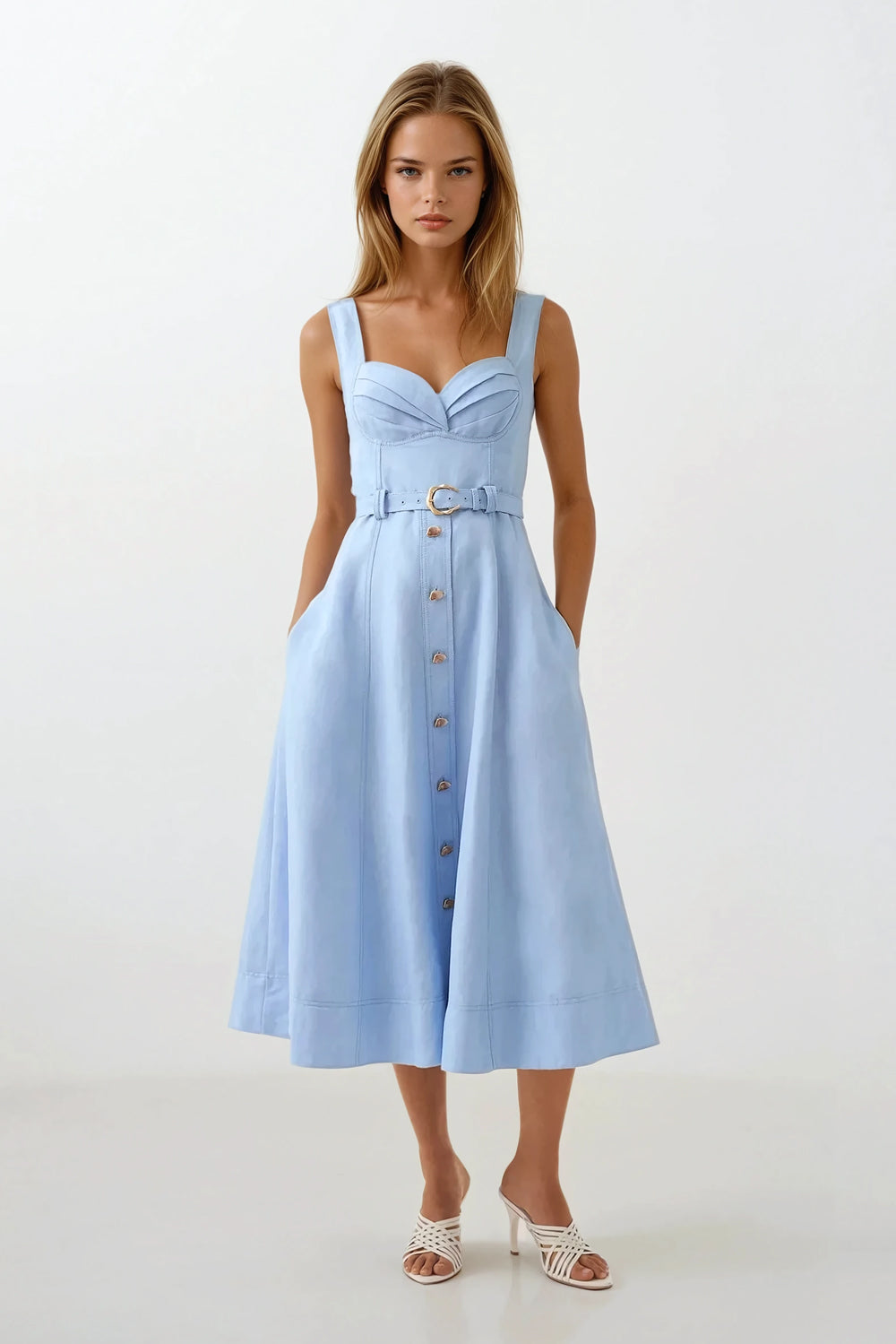 Midi Dress with Button Front and Belted Waist - Blue