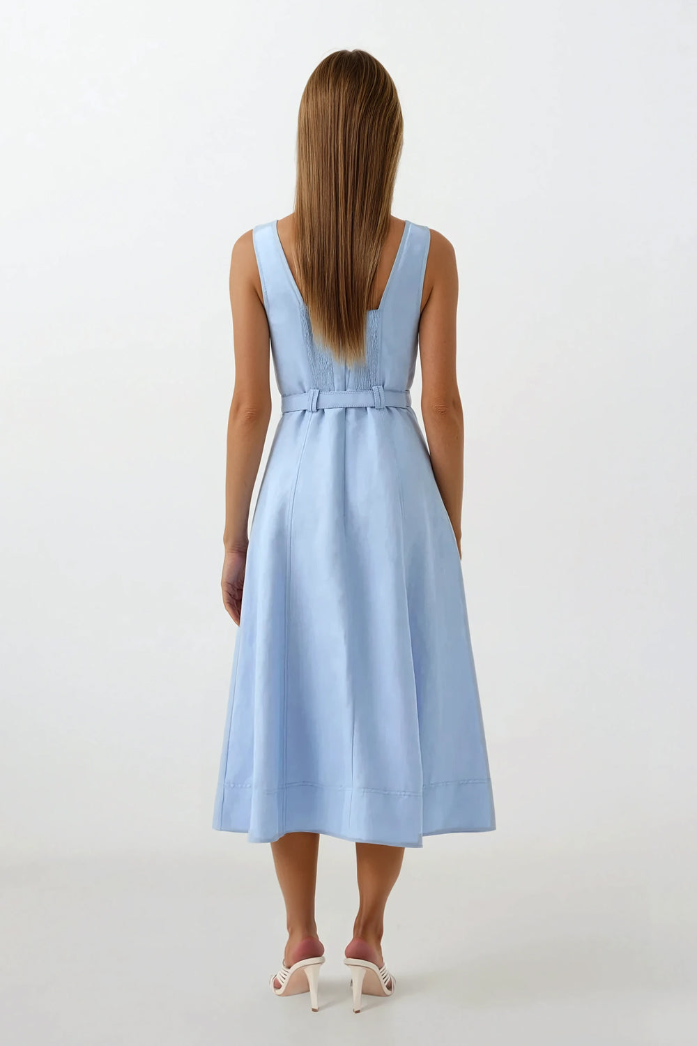 Midi Dress with Button Front and Belted Waist - Blue