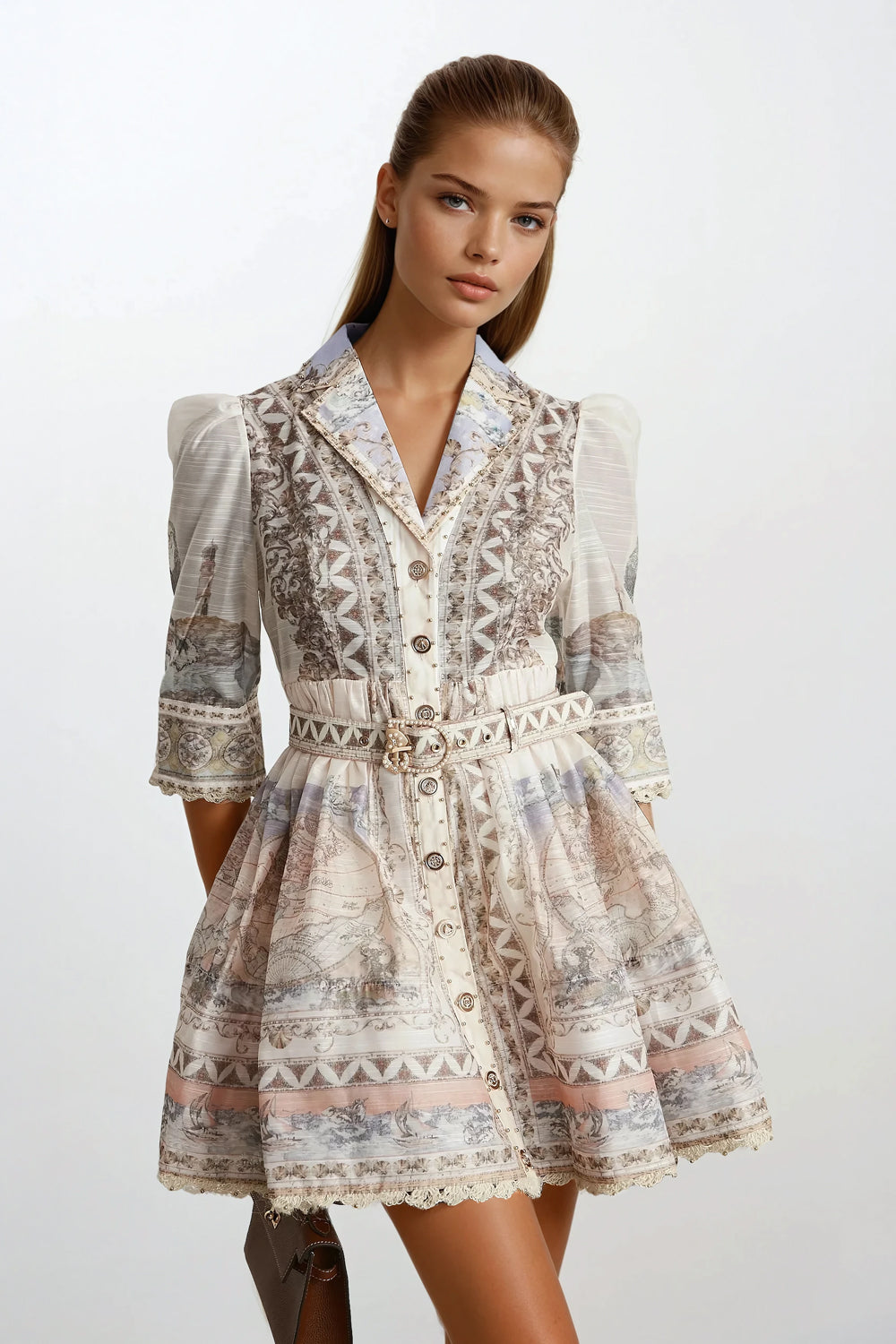 Mini Dress with Button Front and Belt - White