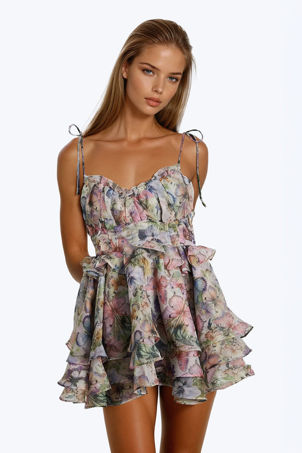 Mini Dress with Ruffled Straps and Layered Skirt - Pink
