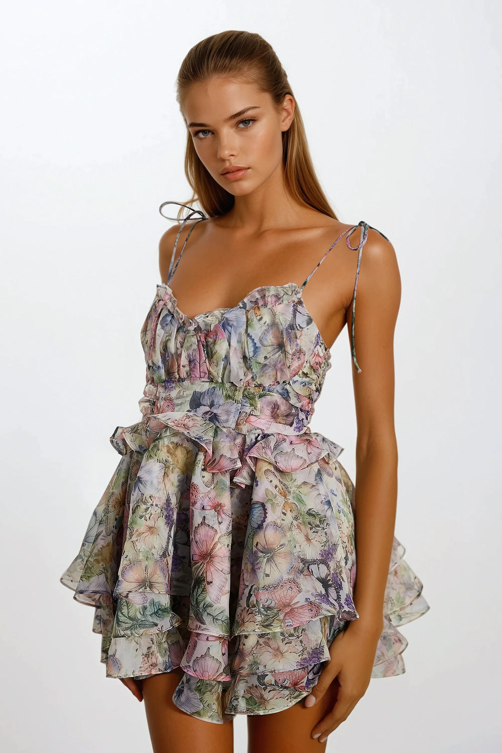 Mini Dress with Ruffled Straps and Layered Skirt - Pink