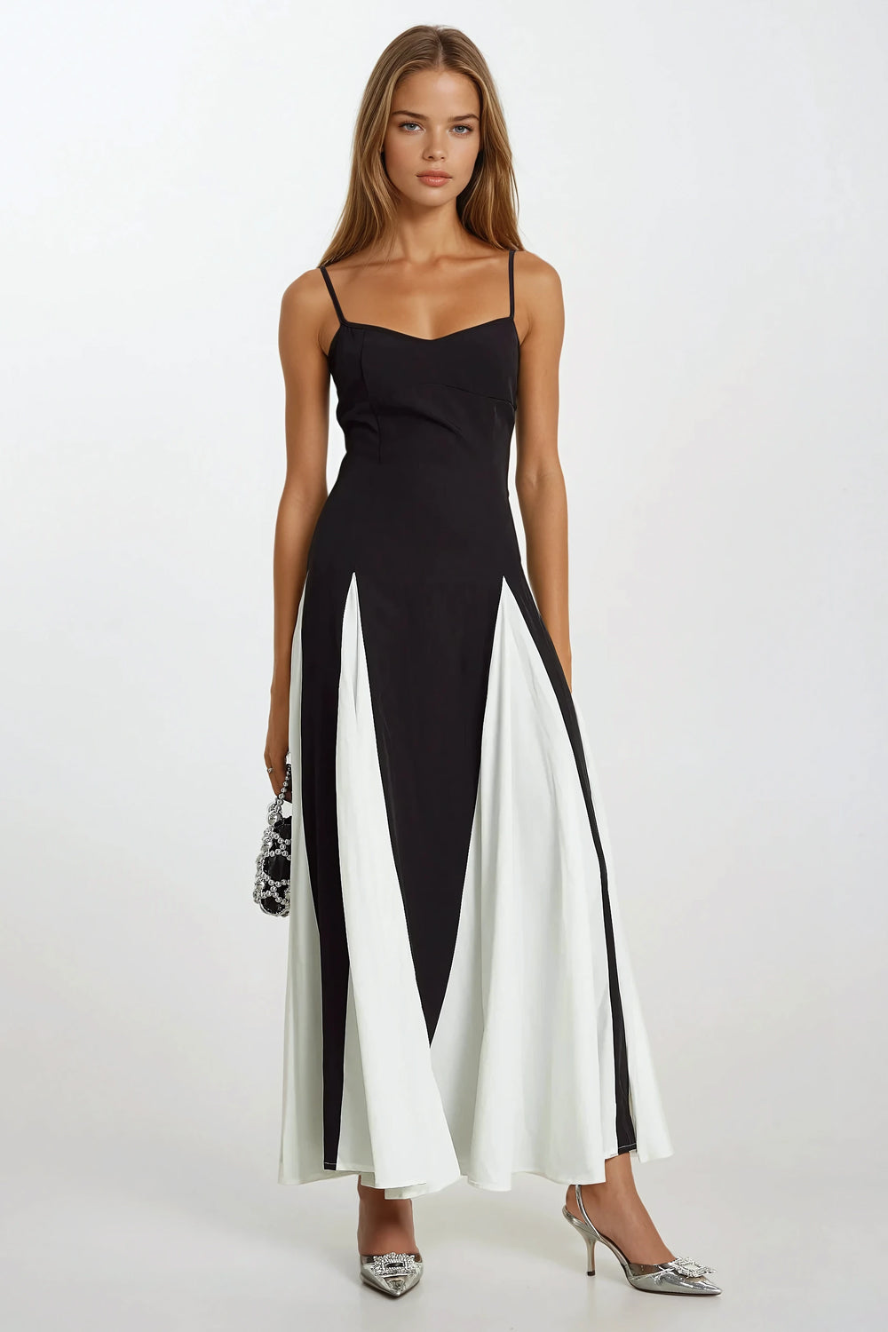 Asymmetrical Maxi Dress with Spaghetti Straps - Black