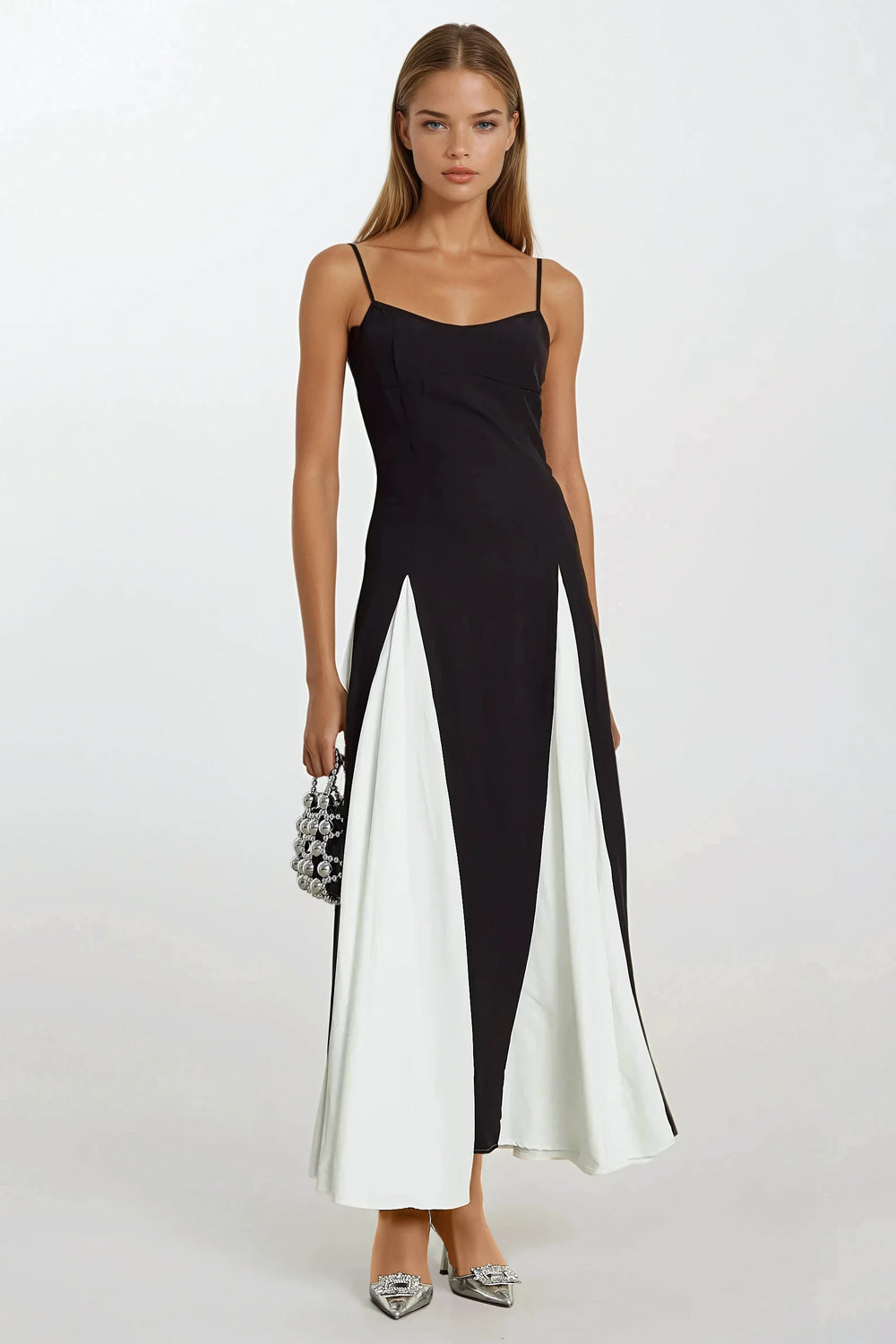 Asymmetrical Maxi Dress with Spaghetti Straps - Black