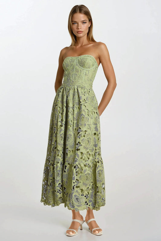 Two-Piece Set with Lace Tube Top and Midi Skirt - Green