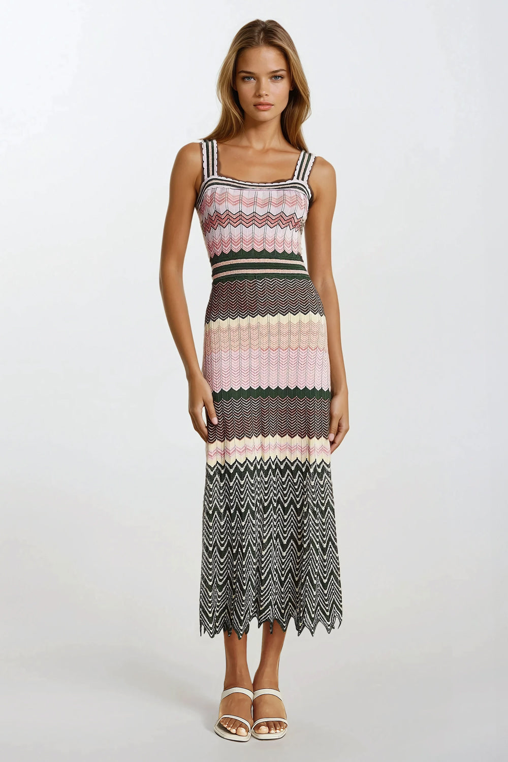 Knitted Striped Sleeveless Midi Dress - Pink