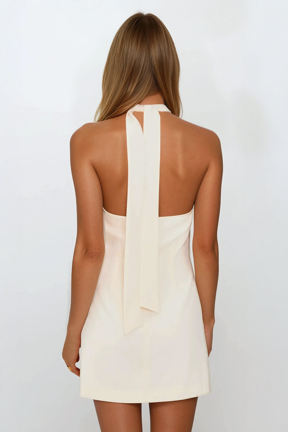 Halter Neck Mini Dress with Front Buttons Accent - White
