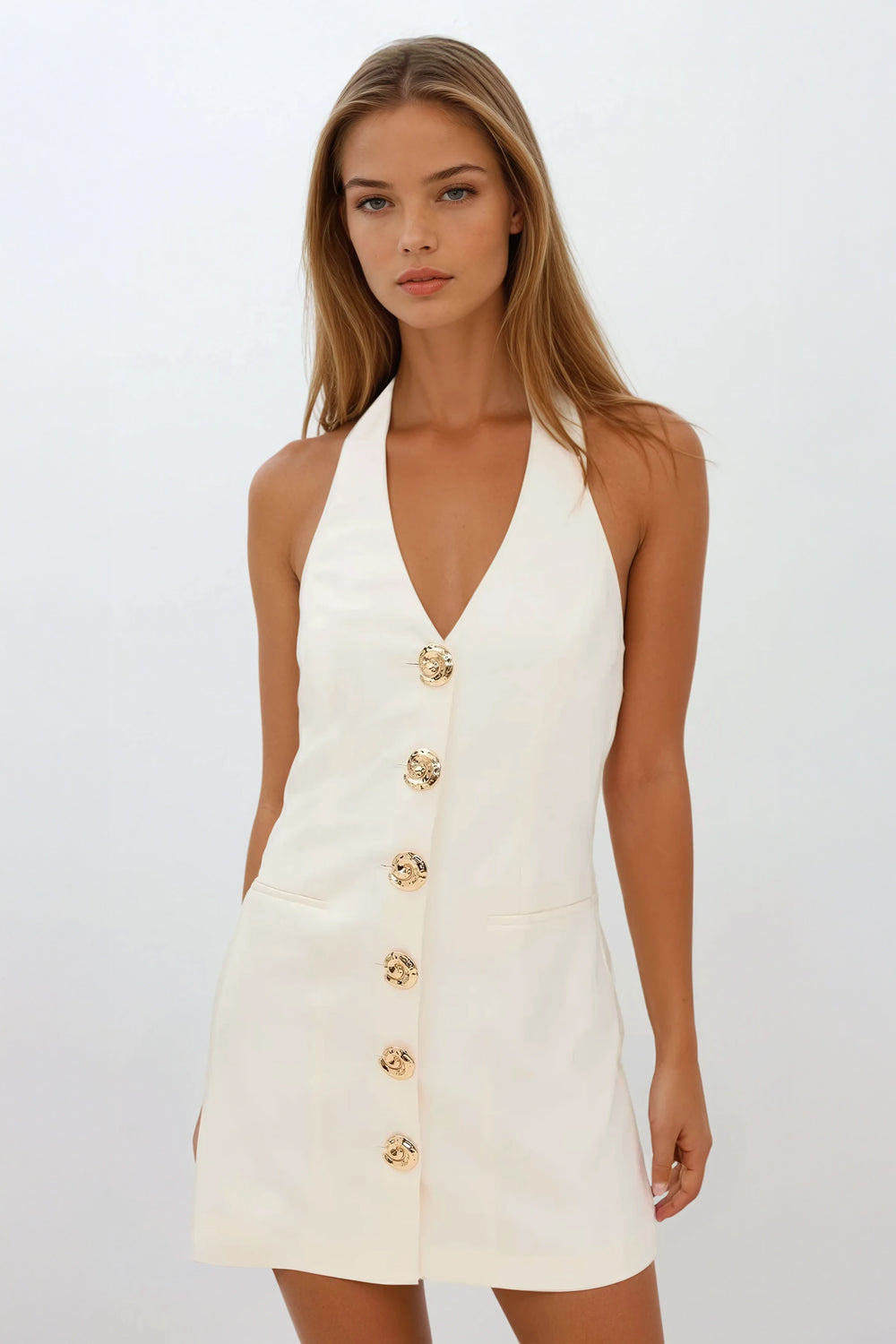 Halter Neck Mini Dress with Front Buttons Accent - White