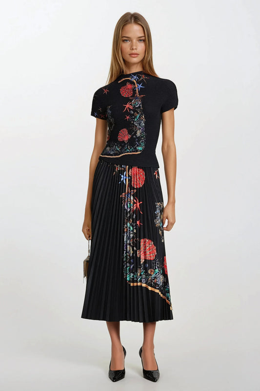 Two-Piece Set with Printed Top and Pleated Midi Skirt - Black