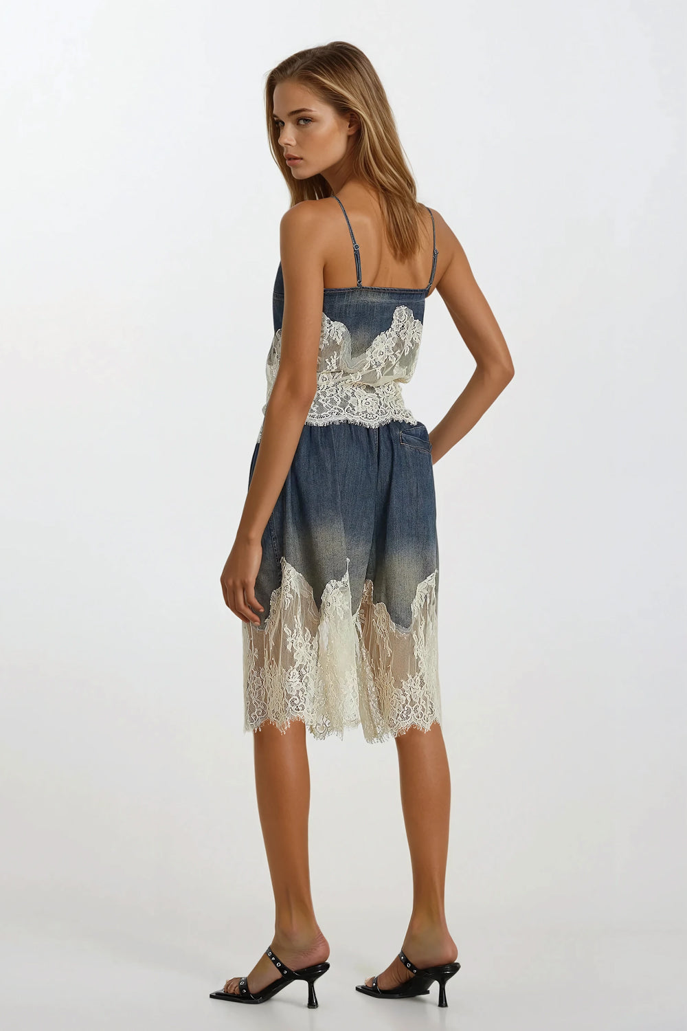 Two-Piece Set with Lace Trim Top and Shorts - Blue