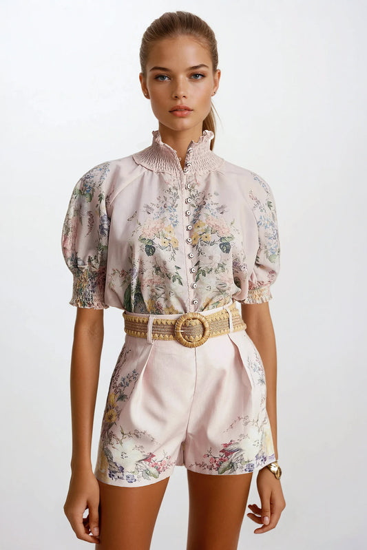 Two-Piece Set with High-Neck Top and Pleated Shorts - Pink