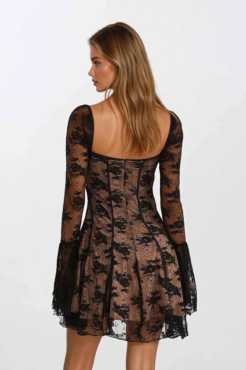 Mini Dress with Sheer Long Sleeves and Lace Details - Black