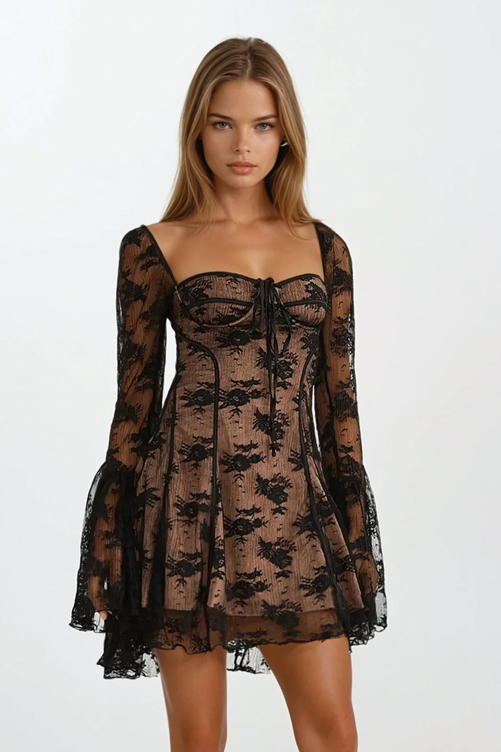 Mini Dress with Sheer Long Sleeves and Lace Details - Black